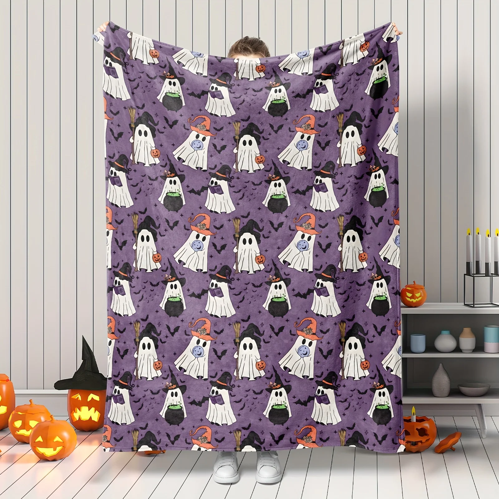 

Фланелевое одеяло на тему Хэллоуина, милые ведьминские призраки, дизайн летучих мышей, мягкое теплое для дивана, кровати и кемпинга