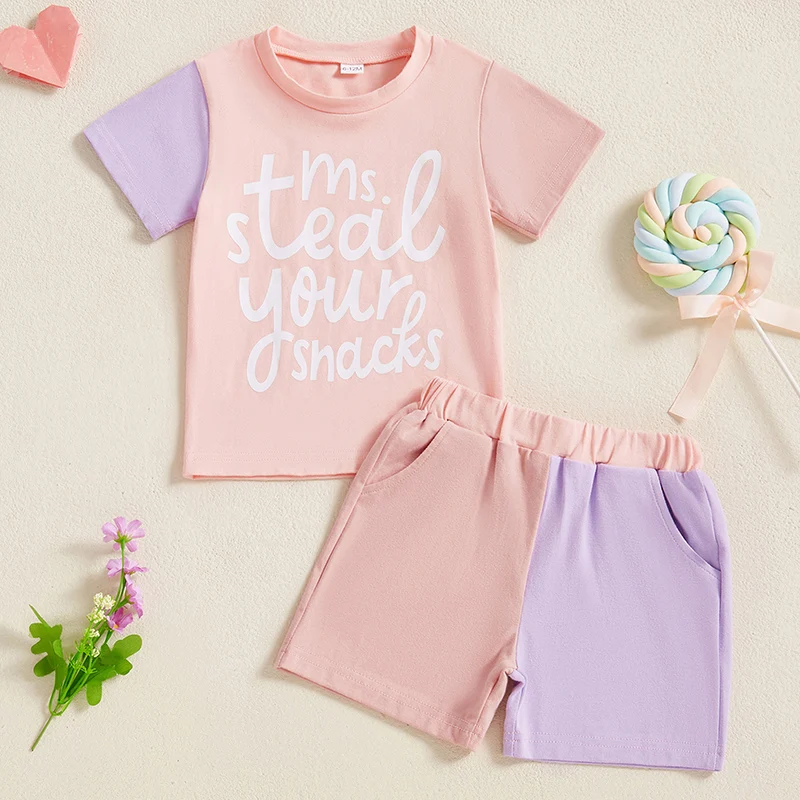 Mubineo Baby Girls Pink Shorts Set Cute Letter Print Short Sleeve Round Neck Tops Elastic Waistband Shorts Contrast Color Outfit