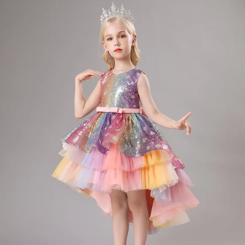 Children's formal dress, trailing princess skirt, European and American girl sequin bow gauze dress, June 1st performance dress