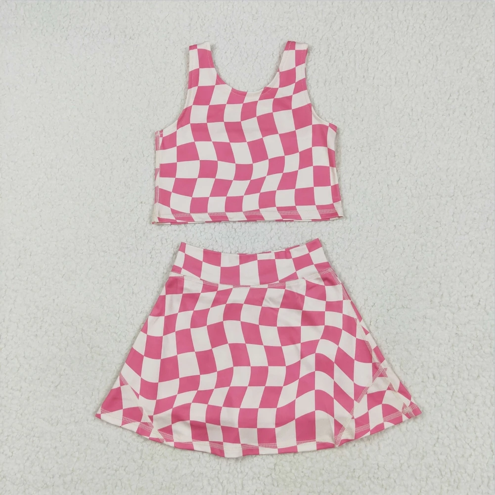 

New Baby Girls Swimsuits Baby Girls Sleeveless Pink Plaid Athletic Active Wear Top Shorts Skirts Clothes Sets Dress Set Toddler