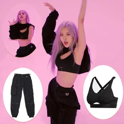 ROSE Kpop Black Slim Vest Tops Women One Shoulder Hoodies Women Korean Singer Hip-Hop Cargo Pants Straight Trousers Outfits