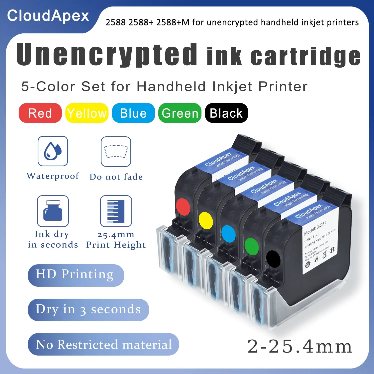2588+ Black Red Blue Green Yellow 25.4mm Handheld Inkjet Printer Ink Cartridge 42ML Fast Dry Solvent-Based Ink For No Encrypted