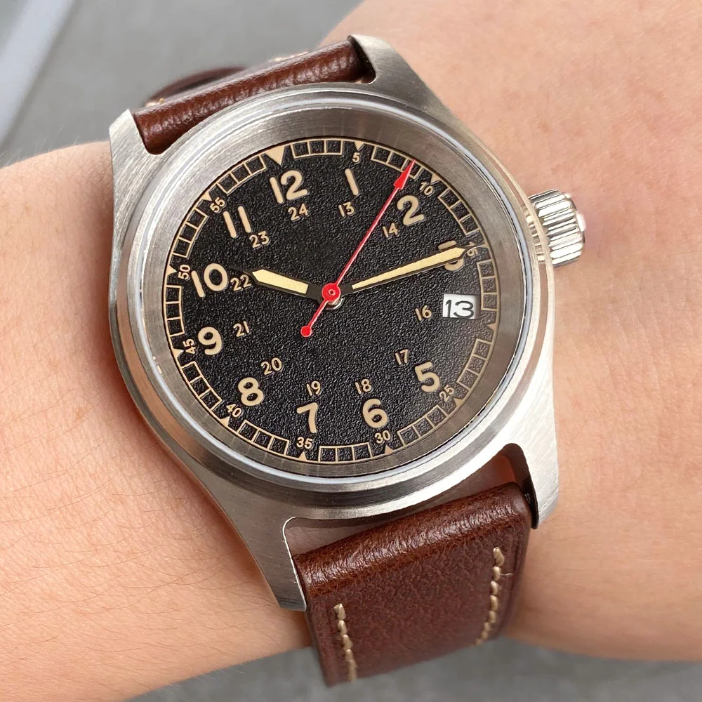 Tandorio 36MM NH35 Small Pilot Aviator Automatic 20ATM Waterproof Wristwatch Military Oil Crow Dial 3.8 Date Arrow Hands