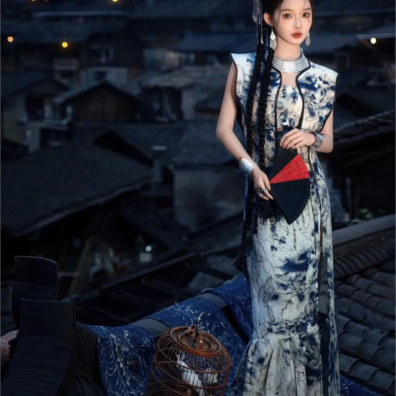 Melhorado longo Qipao elegante desempenho vestido étnico estilo roupas fotográficas