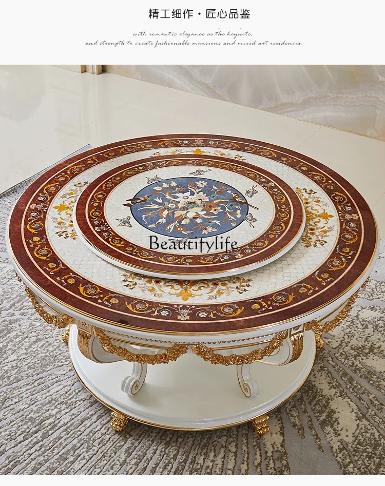 LXFrench dining table and chairs combination villa luxury full solid wood carving flower shell round dining tableSSS