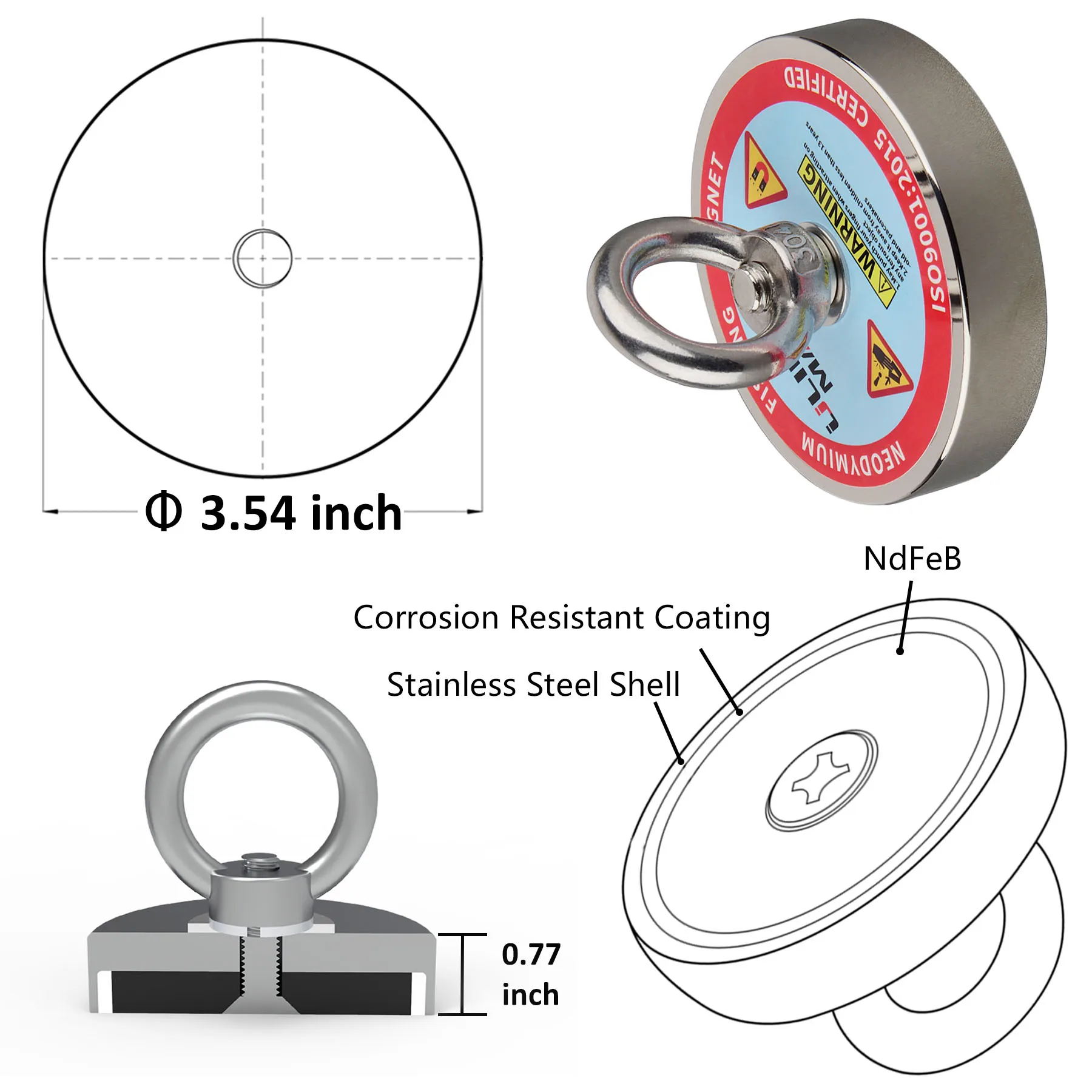 Magnete Da Pesca Potente 300 Kg – Set Con Magnete Neodimio Ø60 Mm, Corda 20 M, Moschettone, Guanti E Colla Filettante – Triplo Rivestimento Ni+Cu+Ni, Per Caccia Al Tesoro Subacquea