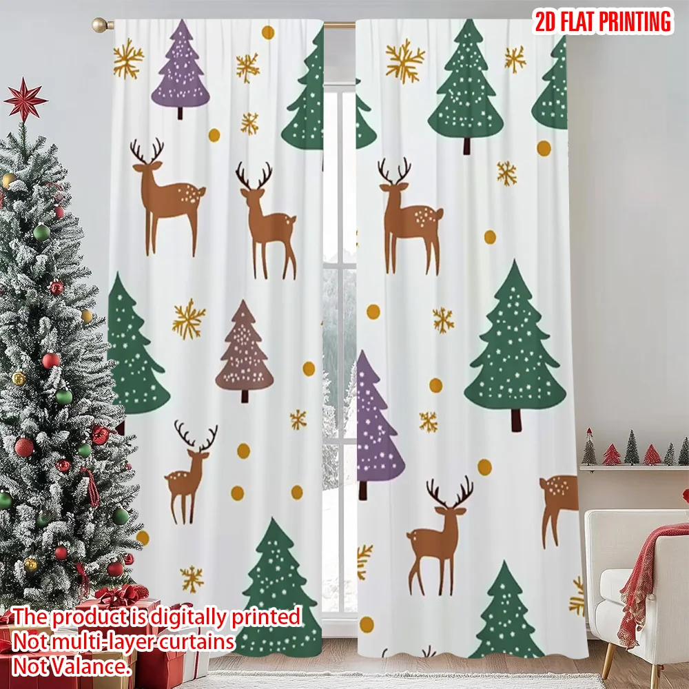 

2pcs 2D flat printing Merry Christmas Curtains Christmas Deer Snowflakes & Trees Versatile 100% Polyester Without Electricity