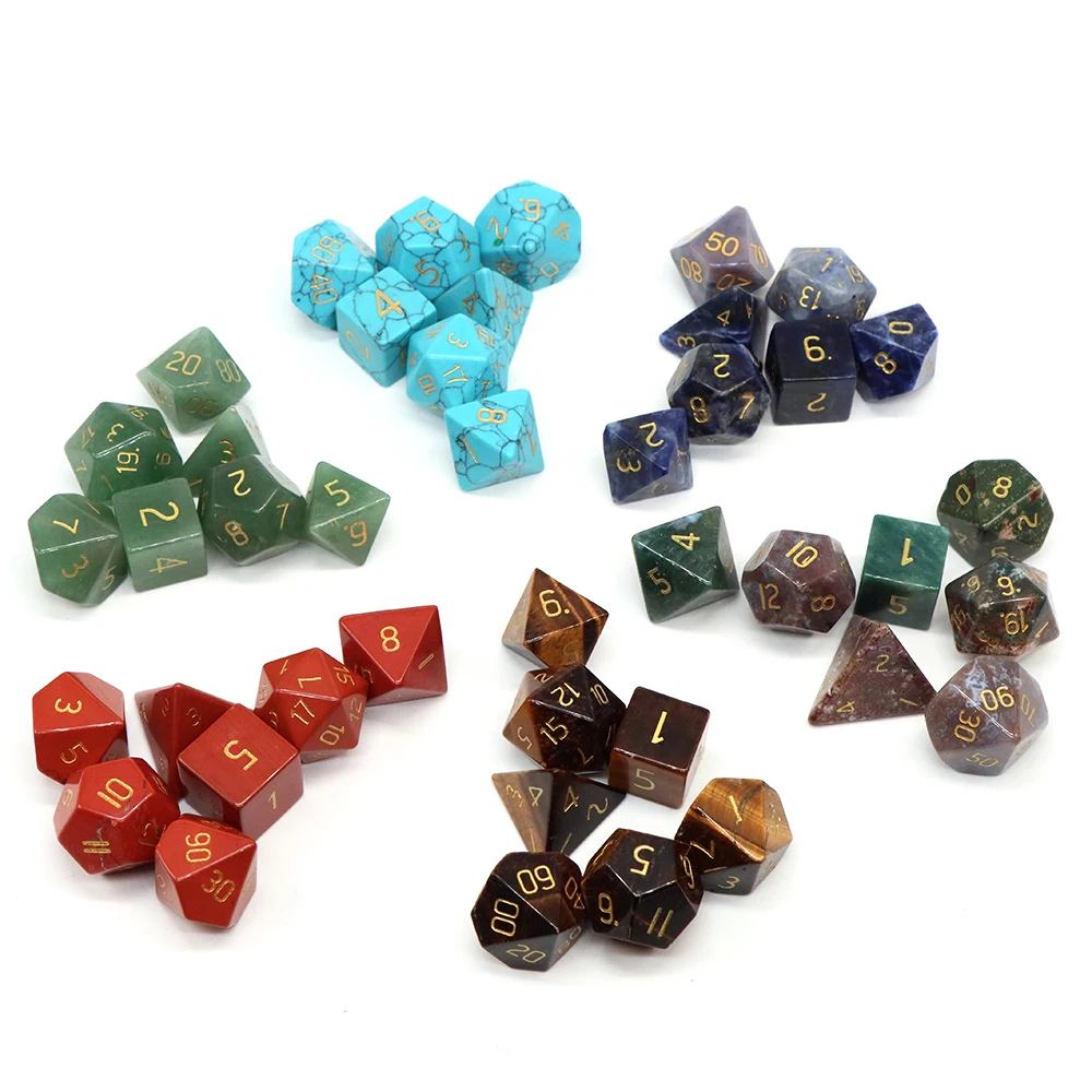 7PC/Set Multicolour Natural Stone Crystal Polyhedral Dice With Pouch DND Role Playing Dragon Board Game Party Energy Chakra Gift