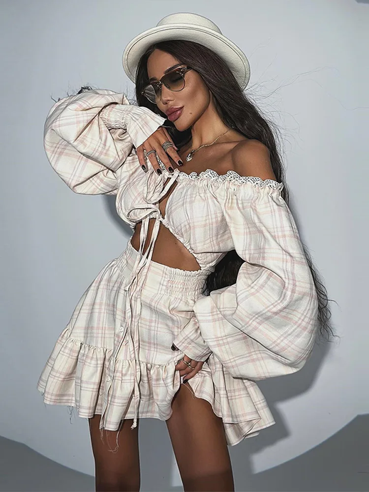 Off Shoulder Lace Up Dress Women Sexy Hollow Out Backless Long Lantern Sleeve Lace A Line Short Dresses 2025 Chic Ladies Robes