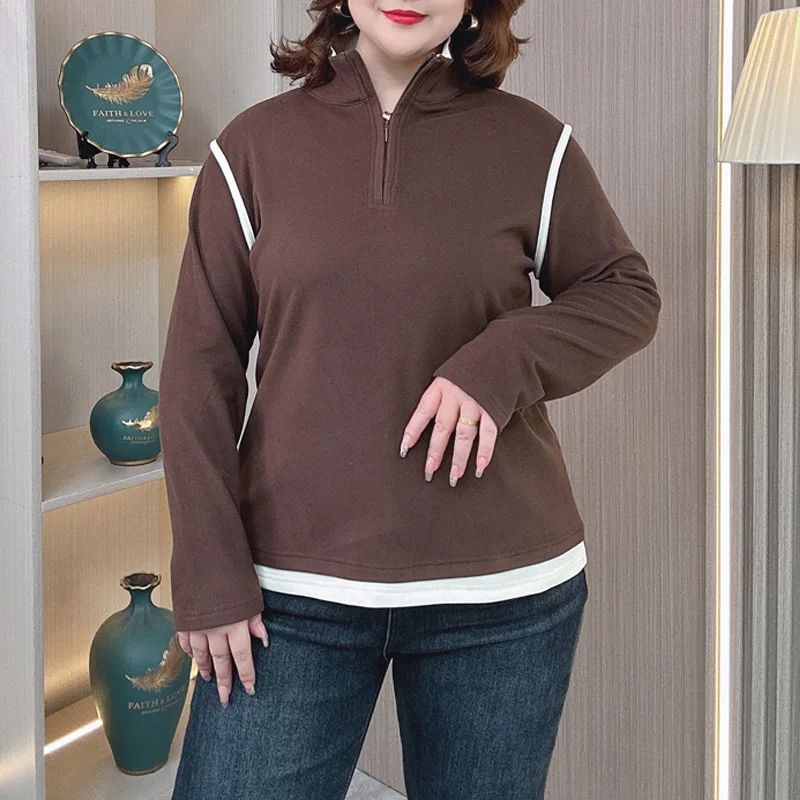 Plus Size Women Hoodie Autumn Winter Loose Thermal De Velvet Fabric Zipper Stand Collar Sweatshirt 2390