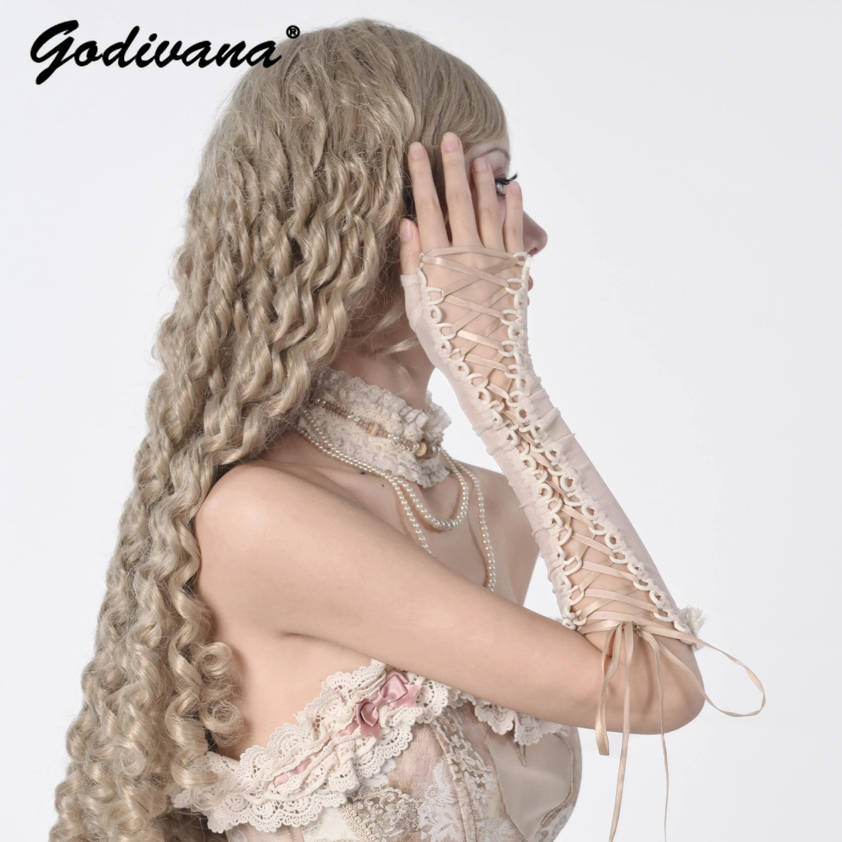 Vintage French Hollow Out Elastic Gloves Distressed Breathable Lace Up Thin Arm Cuffs Hand Sleeve Accessories for Party Cosplay
