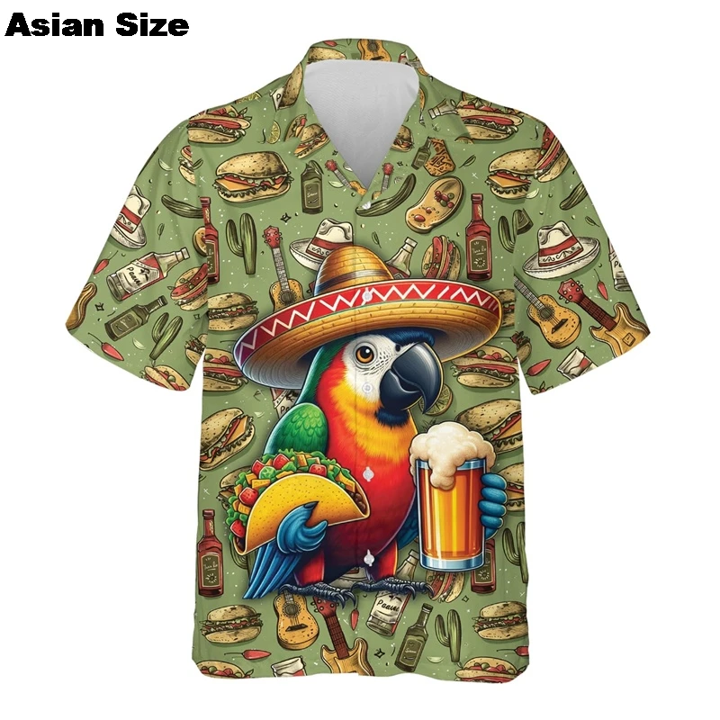 Grappige Sombrero Hawaiiaanse shirts voor herenkleding Mexico Chicken Roll Beach Shirt Taco Dieren Revers Blouse 2025, Unisex Blouses