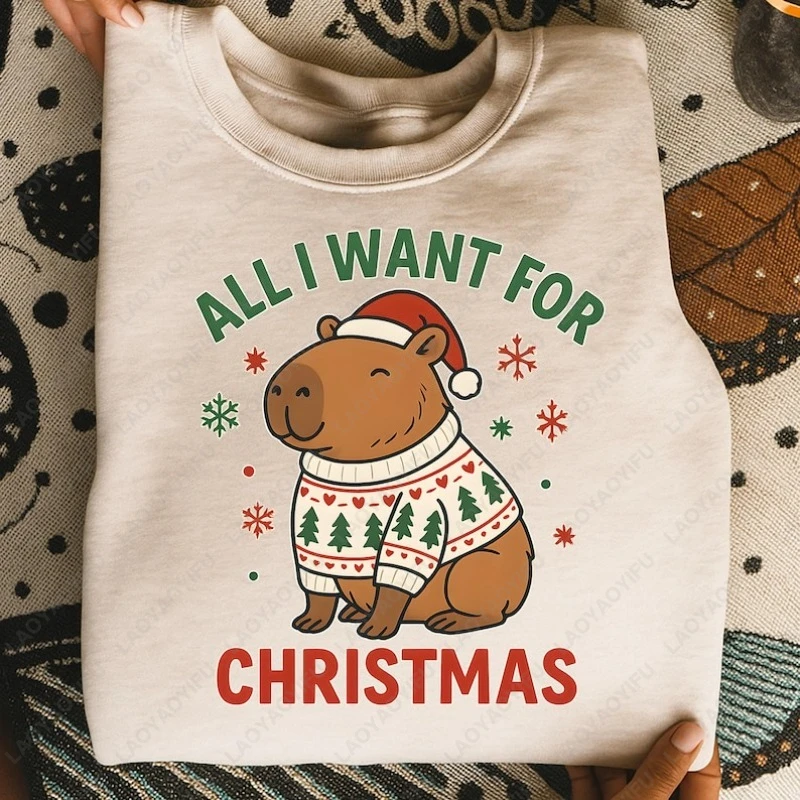 

Рождественский забавный праздничный милый свитер с капибарой «Все я хочу для животных», праздничный подарок, рождественская шляпа, свободный пуловер унисекс с графикой