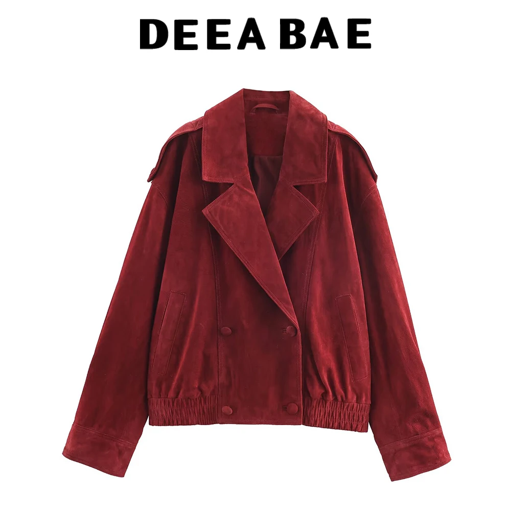 

DEEABAE Winter New Product Women's Pocket Edging Flip Collar Long Sleeve Double breasted Jacket with Buckle