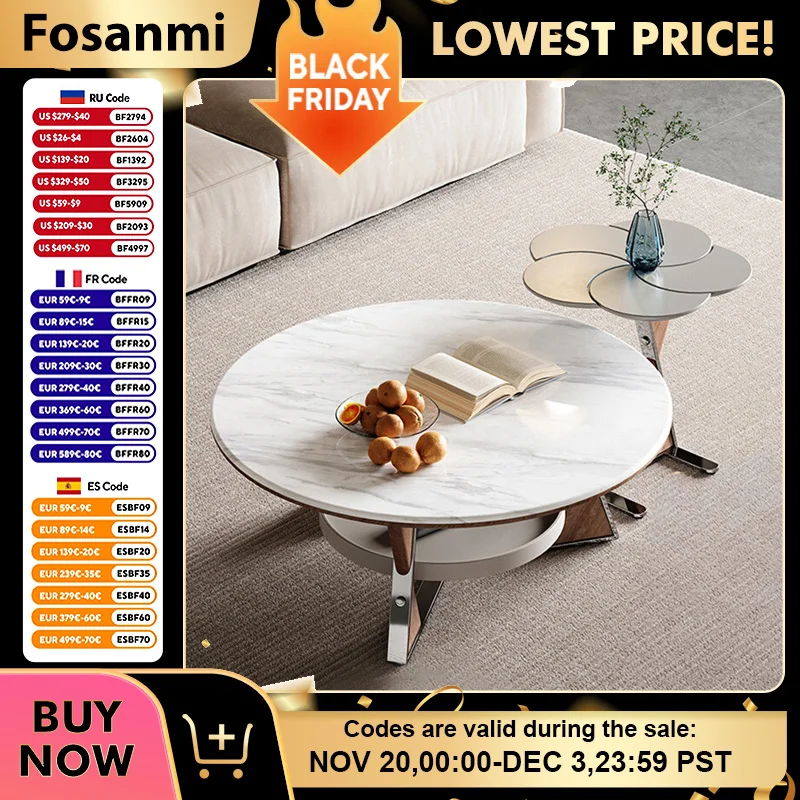 

Modern Living Room Coffee Table Set with Hanging Storage Tray Round Center Table Sets for Office Stainless Steel Side Table