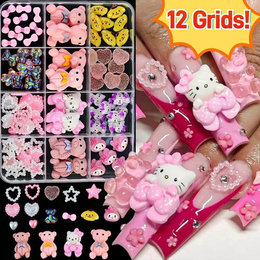 12grids/box Mixed Sanrio Cartoon Bow Resin Nail Charms Kawaii Hello Kitty/Kuromi/Melody Nail Rhinestones For Girl DIY Nail Parts