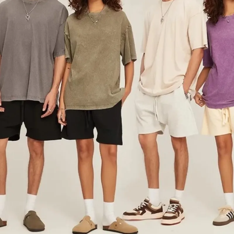 American Street Style Washed Vintage Short Sleeve T-Shirt Loose Fit Heavyweight Pure Cotton Customizable Logo Casual Top outerwe