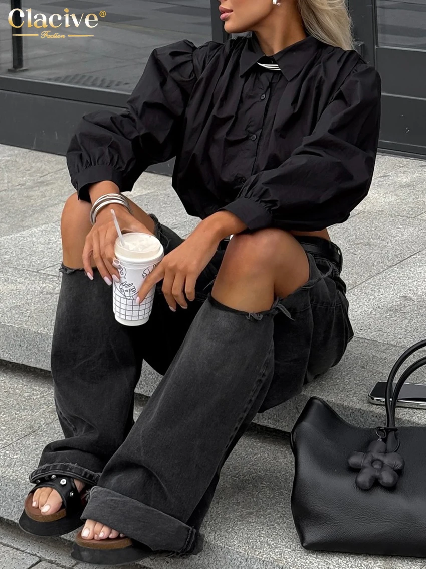 Clacive Mode Lose Schwarz Baumwolle frauen Hemd 2025, Sexy Revers Langarm Shirts Elegante Klassische Crop Top Weibliche Kleidung