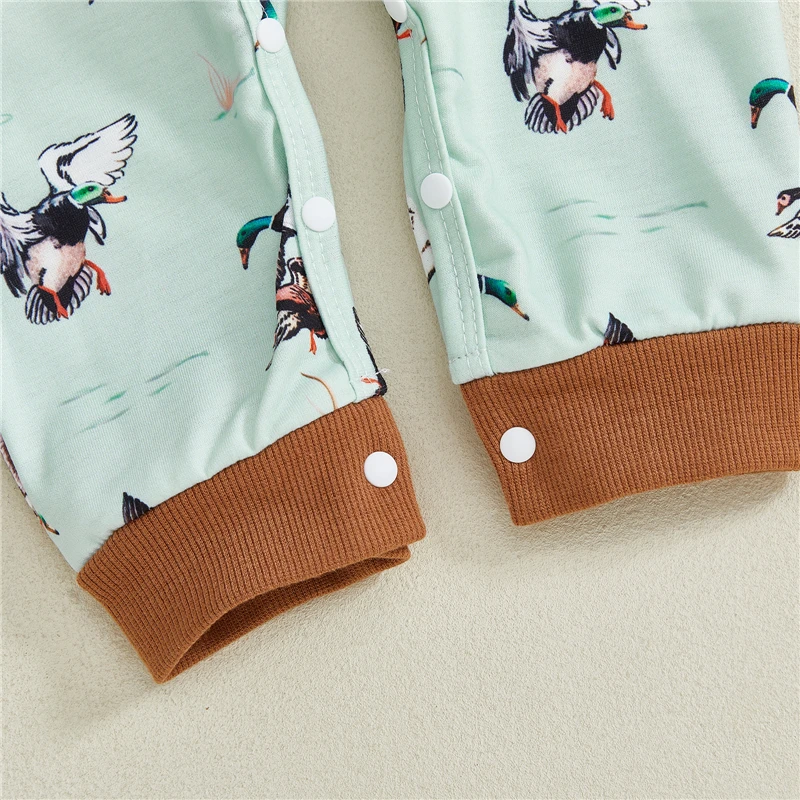 

Newborn Baby Girls Boys Fall Romper Flying Duck Print Button-up Turn Down Collar Long Sleeve Infant Jumpsuit