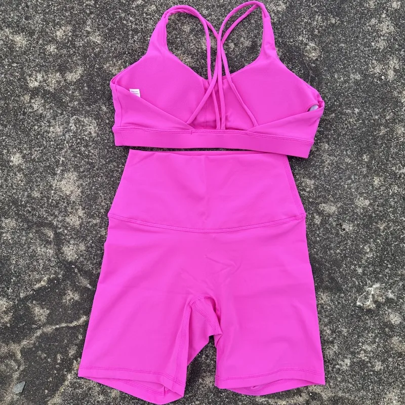 Solid Color Soft Women Gym Yoga Short Cycling Set Cross Back Gym  Bra+High Waist Short Leggings High impact shockproof Sportwear image 2