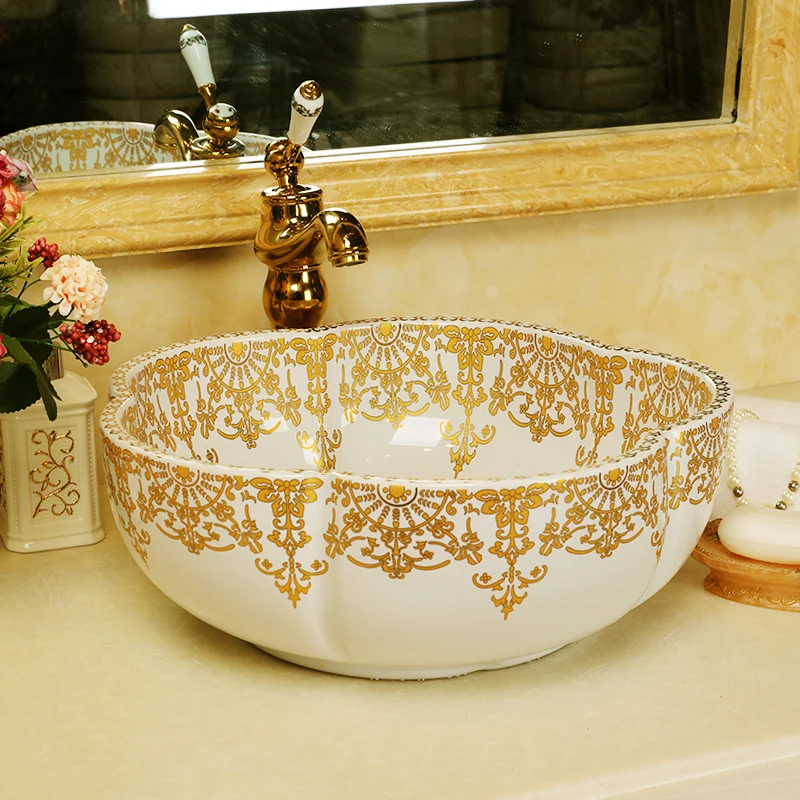 Flower shape Bathroom Lavabo Ceramic CounterTop Wash Basin Cloakroom Hand Painted Vessel Sink bathroom sink ceramic wash basin