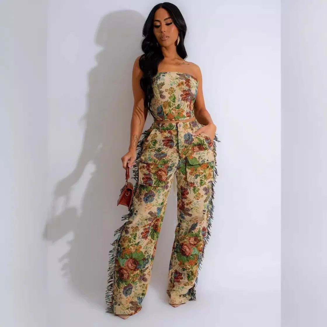 Floral Printed Tassel Women 2 Piece Set Off Shoulder Tank Top Wide Leg Pants Matching Set 2024 Summer Sexy Streetwear Tracksuits