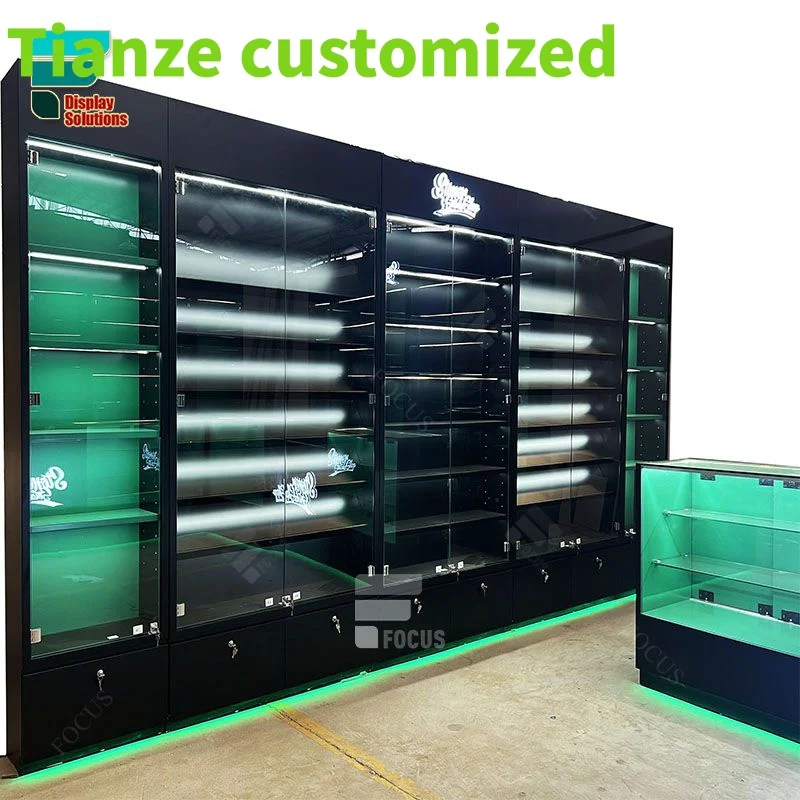 

(customized)Dispensary Shop Counter Top Kiosk Showcase Glass Hinge Modern Glass Smoke Display Cabinet Shelf