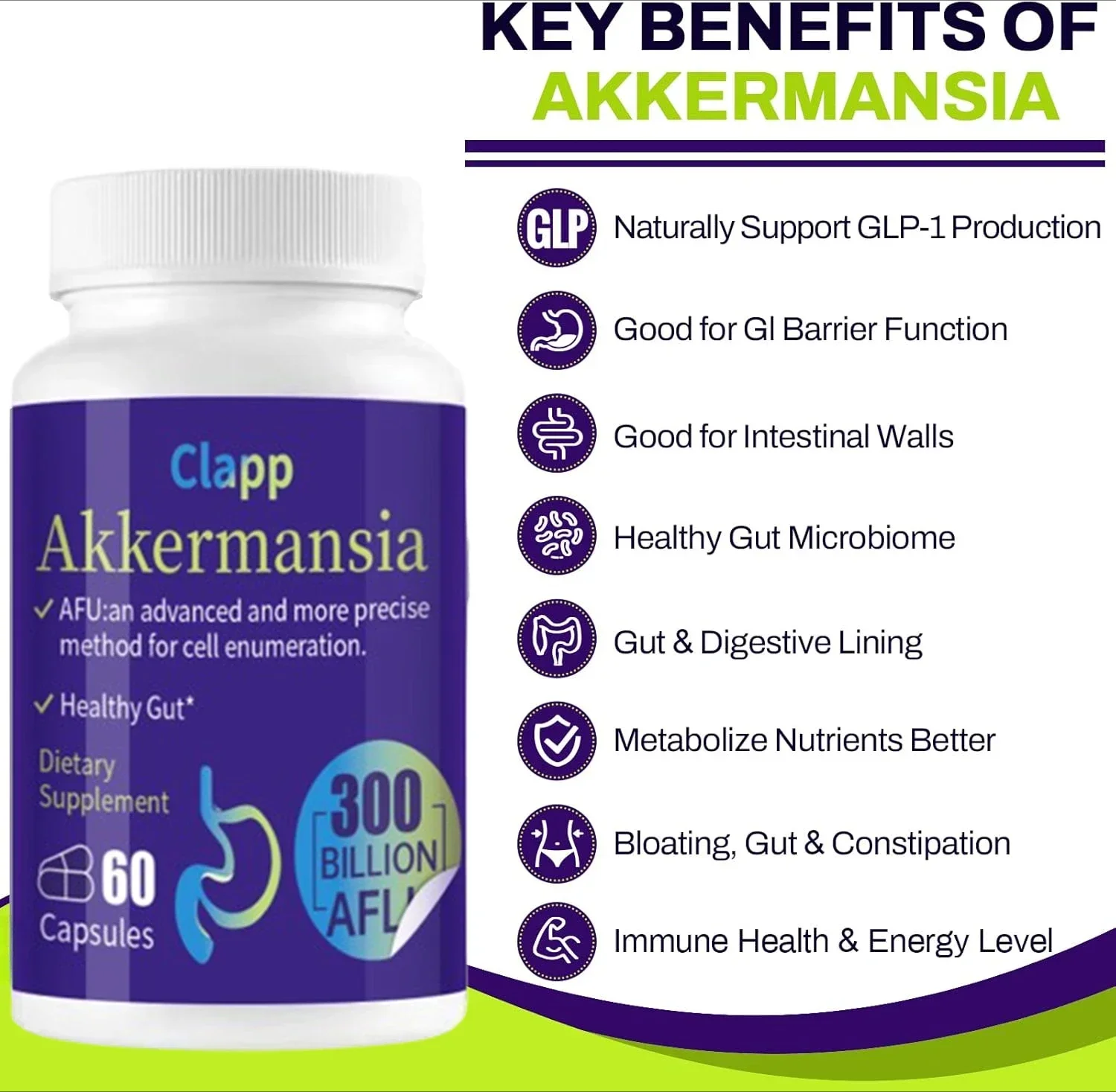 Akkermansia probiotics contain prebiotic fiber -60 capsules,100MAFU live strain,promoting intestinal health for both menandwomen