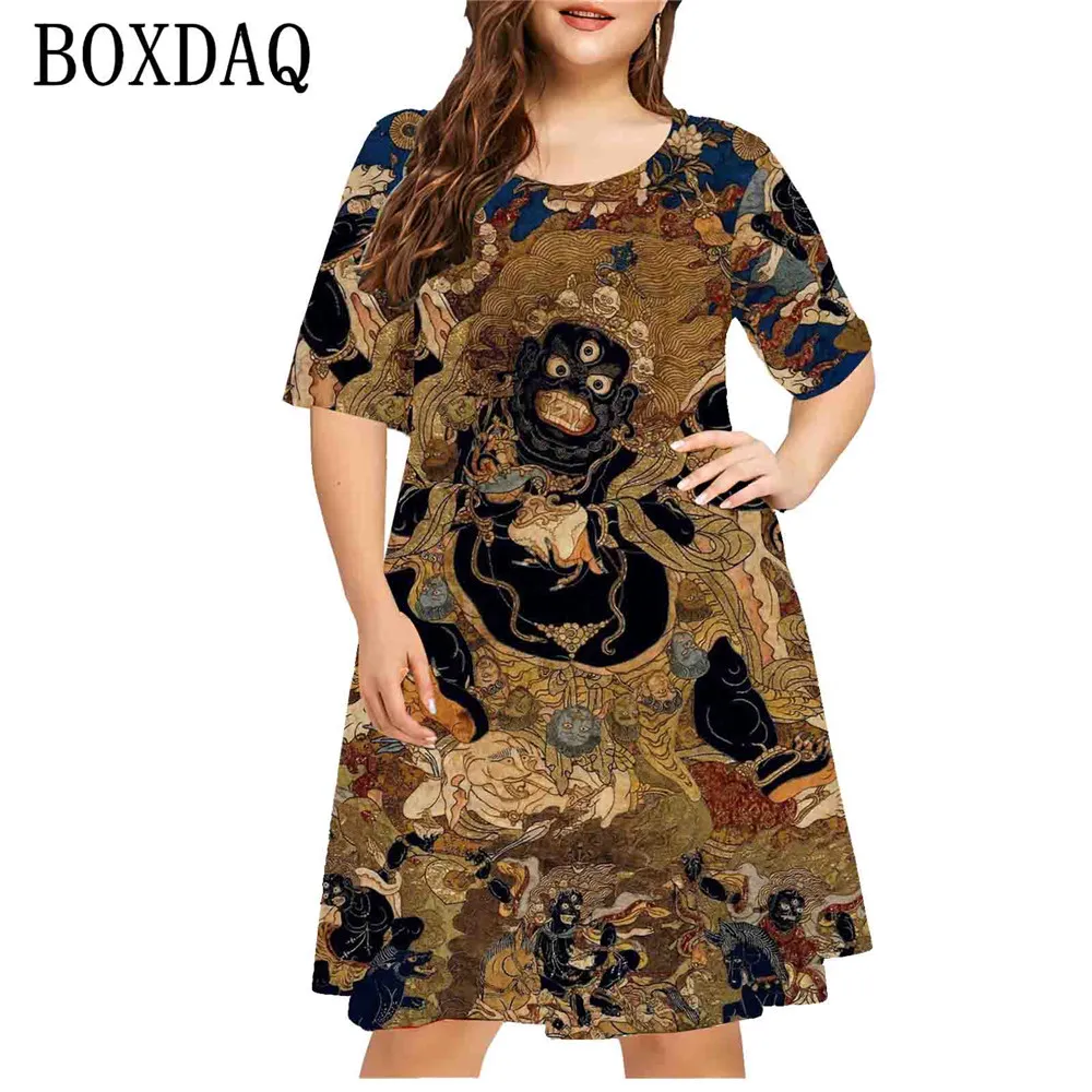 Mulheres com pintura 3D Horror Padrão Vestido, Vestidos de manga curta, solto, Pintura, Linha A, Plus Size, Streetwear Casual, 2024