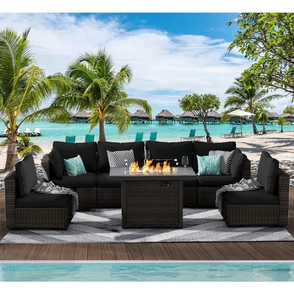 

Garden Furniture 7 Pie Set with Fire Pit Table, Rattan Outdoor Patio Sectional Conversation Furniture Sets W/Seat Cushions