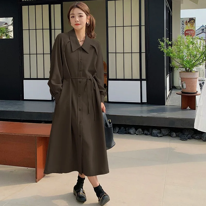 

New fashionable and elegant workwear dress for women with a tie cinched waist long ankle-neck shirt