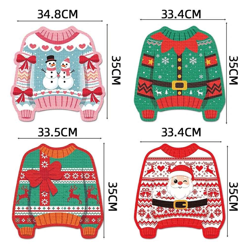 Set Of 4 Christmas Sweater Placemats Festive Linen Texture Table Mats With Santa Snowman Reindeer Patterns For Holiday Party Din