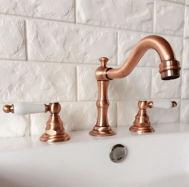 

Antique Red Copper Brass Deck Mounted Dual Handles Widespread Bathroom 3 Holes Basin Faucet Mixer Water Taps mrg040