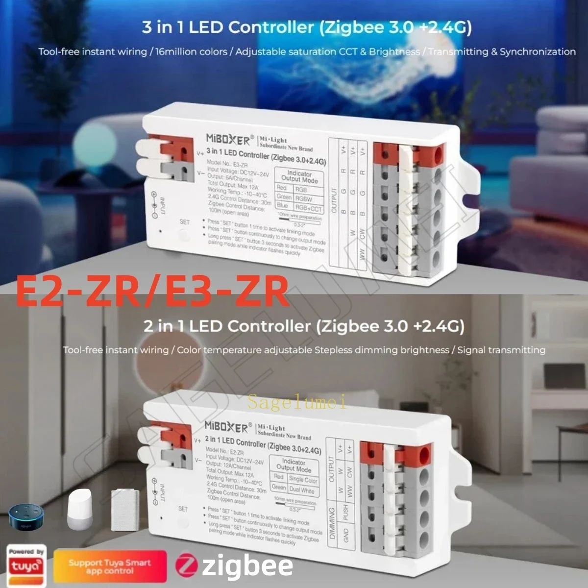 

Miboxer Smart Zigbee 3.0+2.4G E2-ZR / E3-ZR 2 in1/ 3 in 1 LED Controller Single Color/CCT/RGB/RGBW/RGB+CCT Led Strip Lamp Light