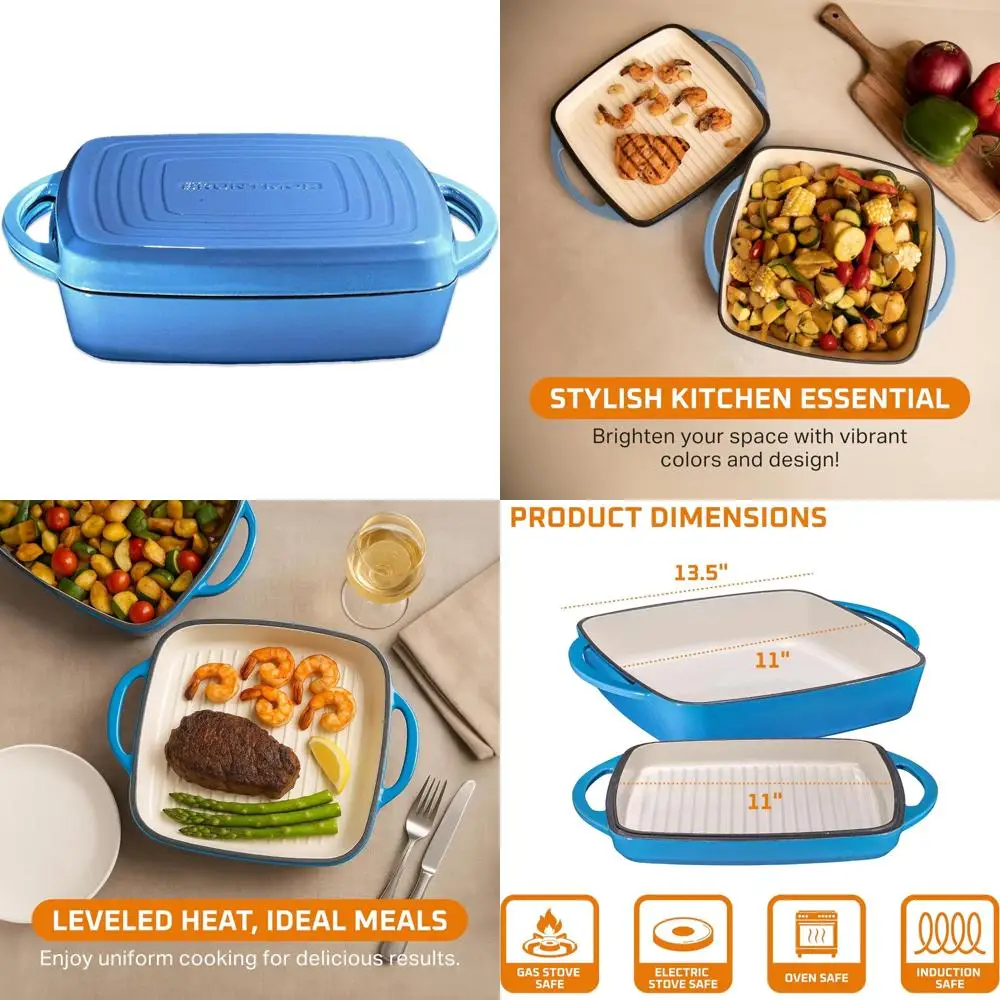 

All-in-One Non-Stick Cast Iron Dutch Oven with Grill, Pre-Seasoned Square Pan, Dual Handles, Cookware Set for Versatile Cooking