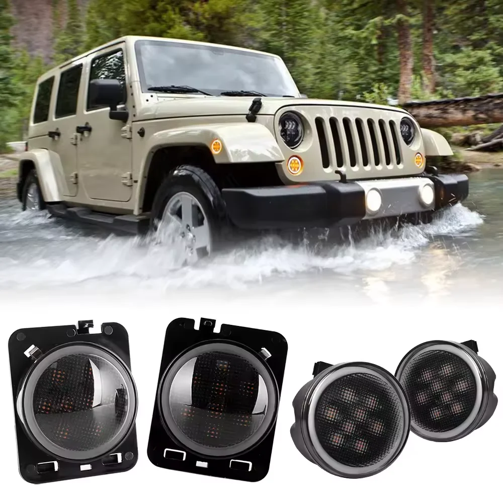OVOVS LED Front Parking Turn Signal Light with White DRL Halo Indicator Lamp for 2007-2018 Jeep Wrangler JK