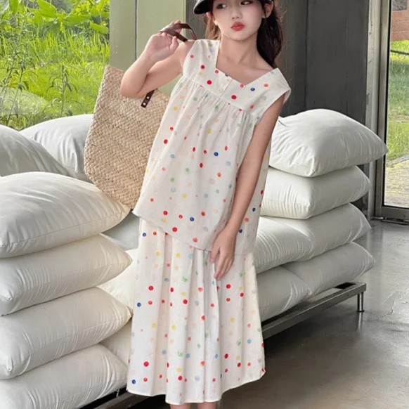 Girls Two-piece Set 2024 Summer New Childrens Clothing CUHK Childrens Polka Dot Vest Skirt Two-piece Casual Simple Match