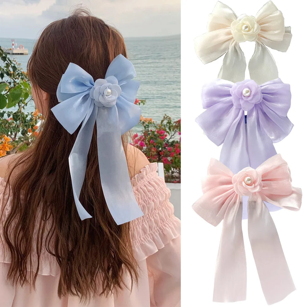 

Flower Pearl Bow Hairpin for Women Long Bownot Ribbon Hair Clip Barrettes Ponytail Headband Girls Hairpin Hair Accessories