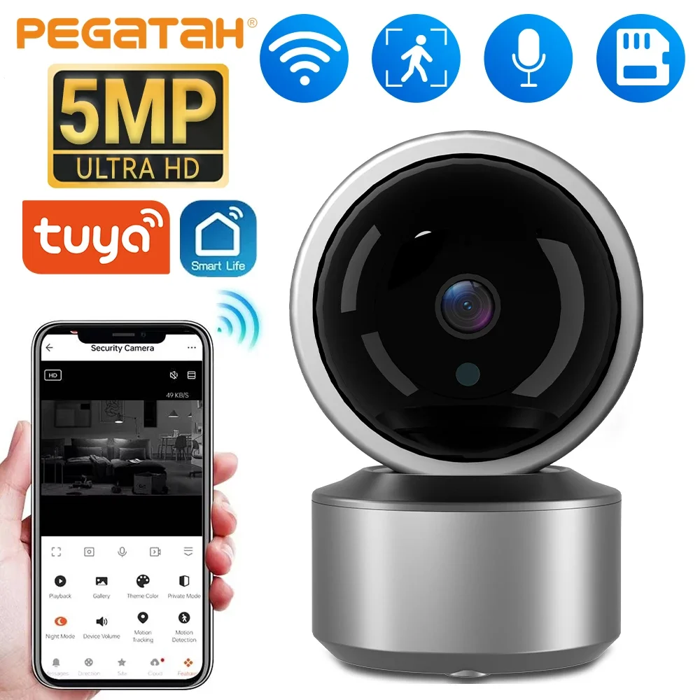

Tuya Smart Life 5MP HD Крытая Wi-Fi камера безопасности Радионяня для дома 360° ° Двусторонняя аудиокамера ночного видения с автоматическим отслеживанием PTZ