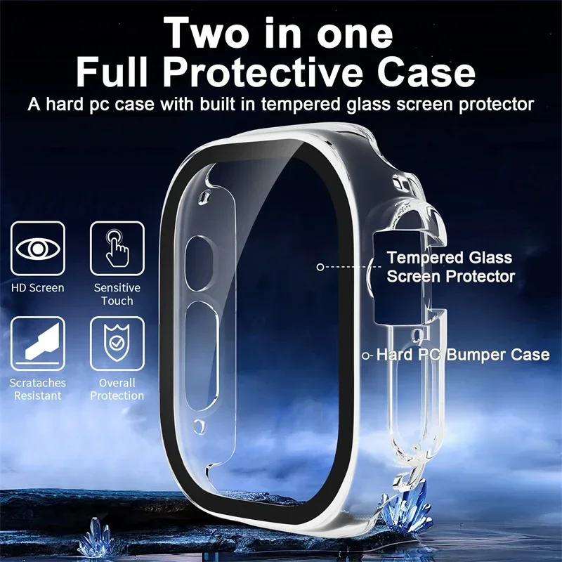 Matte PC Case Built-in Tempered Glass For Apple Watch Ultra 3 2 1 49mm Shockproof Full Cover Anti Scratch Men Women
