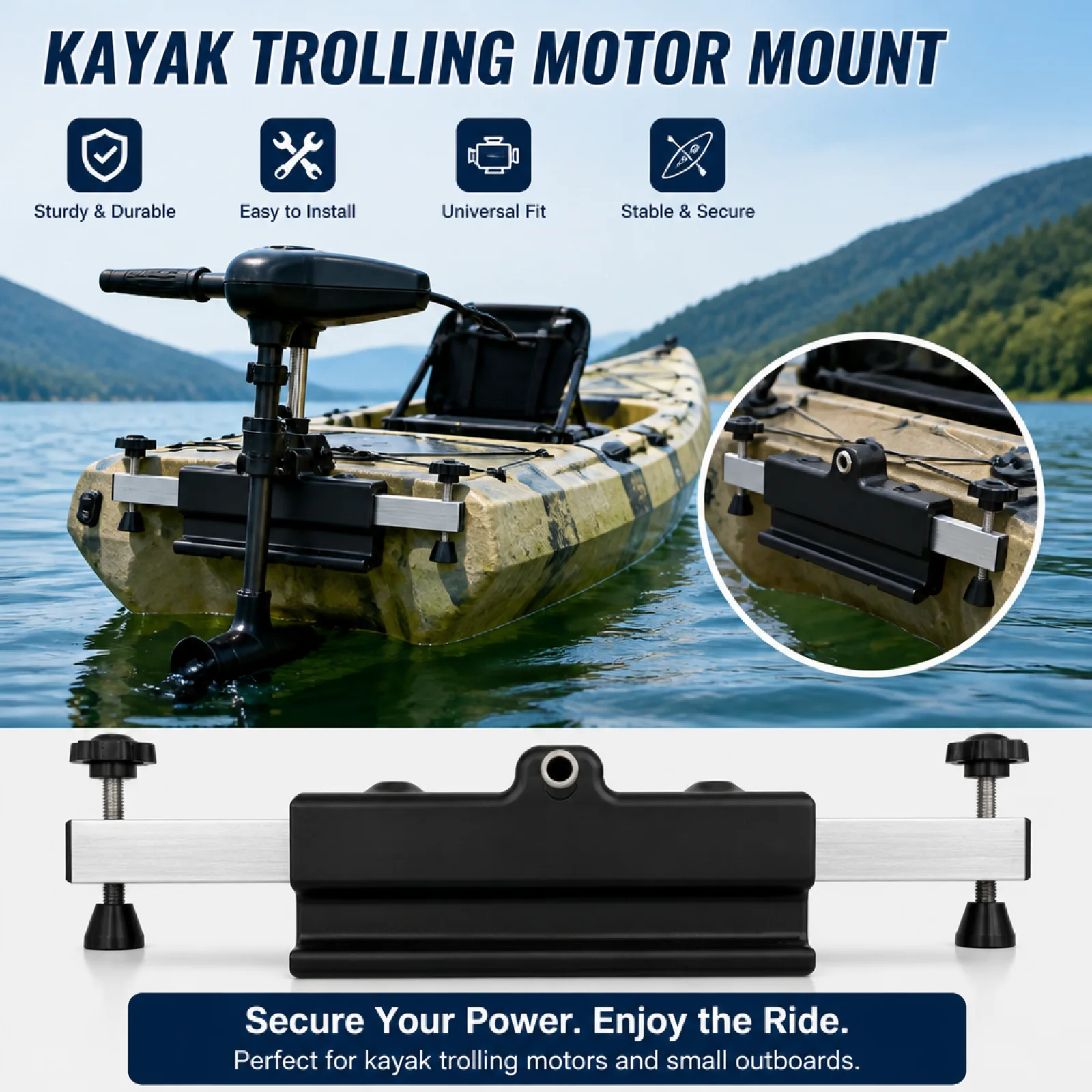 

Kayak Motor Mount Central Opening Kayak Motor Bracket Tightening Knobs Clamping Bracket Telescopic Bracket