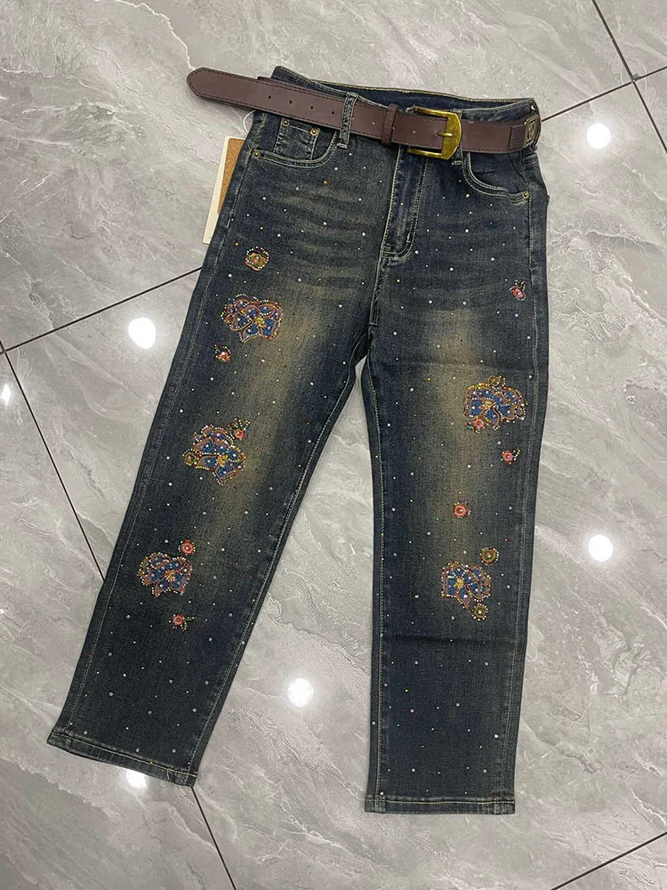 Embroidered Eight-point Jeans Women's Autumn 2024 New Elastic Retro Blue Heavy Industry Hot Diamond Pipe Pants Tide