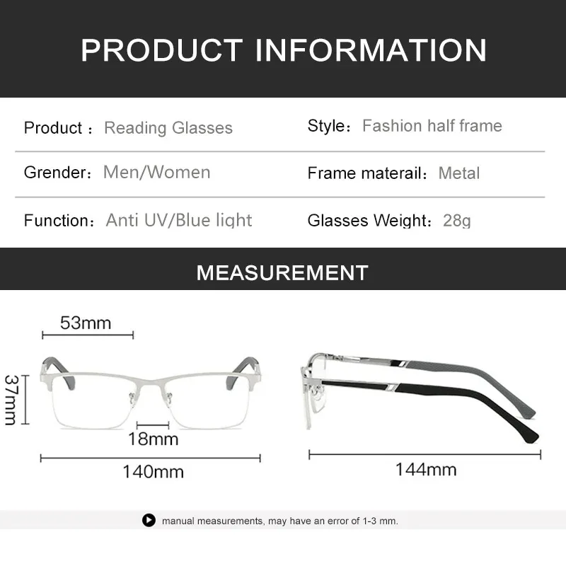 Metall Halb-rahmen Blau Licht Blockieren Lesebrille Männer Platz Reader Brillen Mode Frauen Presbyopie Brille +1,0 Bis +4,0 – Detail 7