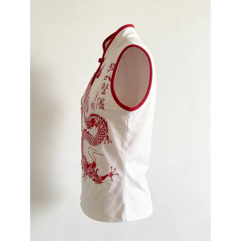 2026 Latest Chinese Loong Printed Vest Mandarin Collar Frog Button Sleeveless Slim Y2K Street Wear Casual Daily Top