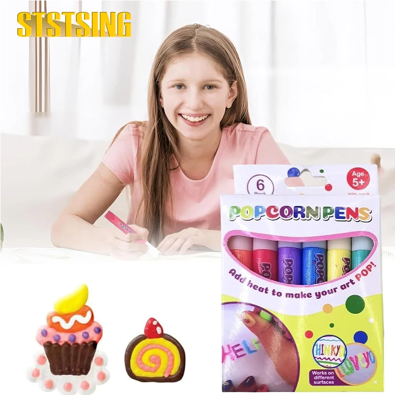 6Pcs Popcorn Pens,3D Art Drawing Pen,6Colors,Diy Popcorn Bubble Drawing Pen,Suitable For Making Birthday Cards