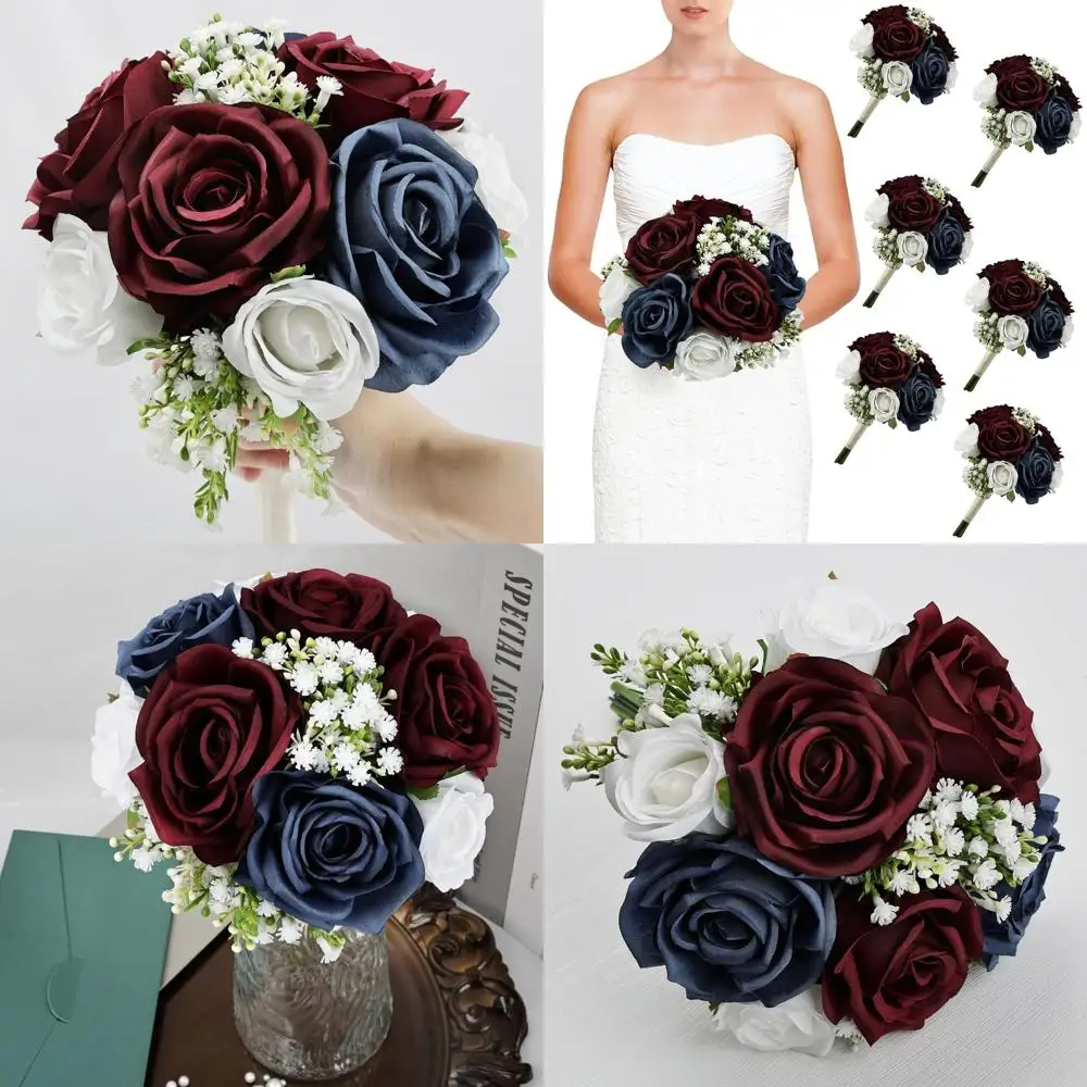 

Набор из 6 искусственных шелковых букетов для подружек невесты в бордовых и темно-синих тонах для свадеб и особых мероприятий