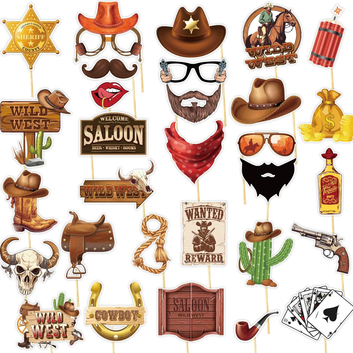 30Pcs/Pack Western Cowgirl Theme Photo Booth Props Cowboy Hat Boots Costume Mask for Birthday Bachelorette Party Decoration