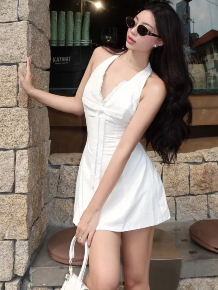 White Lace Embroidered Dress 2025 Summer New Style Sleeveless Halter Back Short Dresses Sexy Seaside Holiday Casual Beach Dress