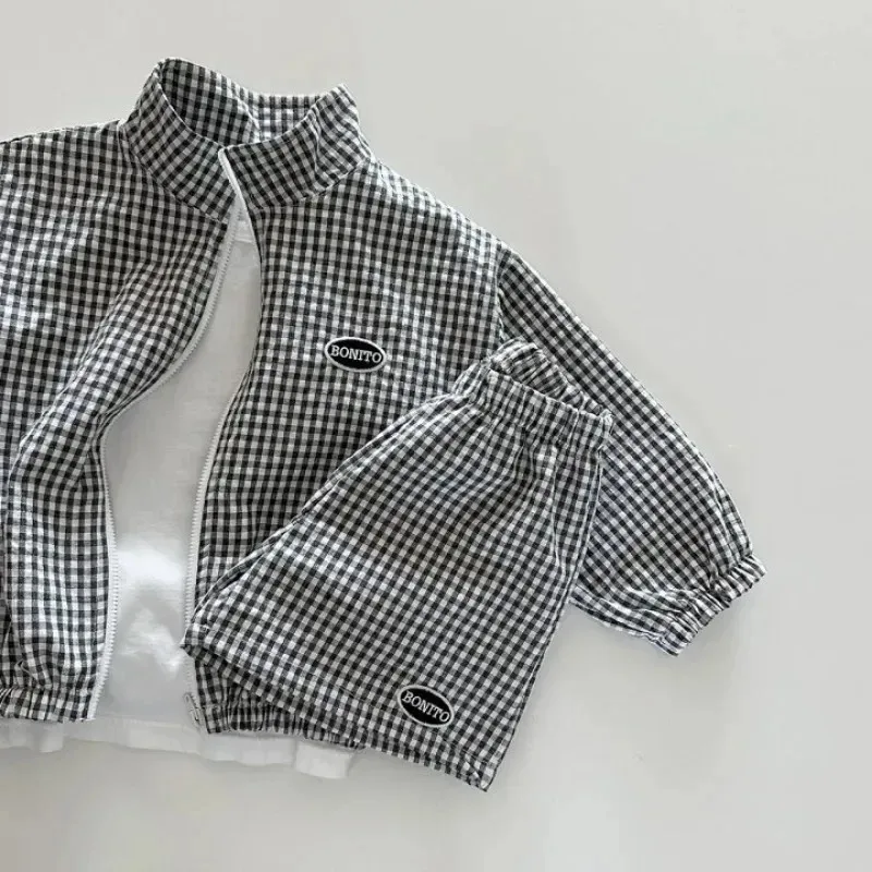 2025 11 الأولاد ملابس الصيف الدعاوى 2 قطعة منقوشة طويلة الأكمام سترة السراويل الكورية طفل رضيع تنفس سستة موضة الحماية من الشمس #5