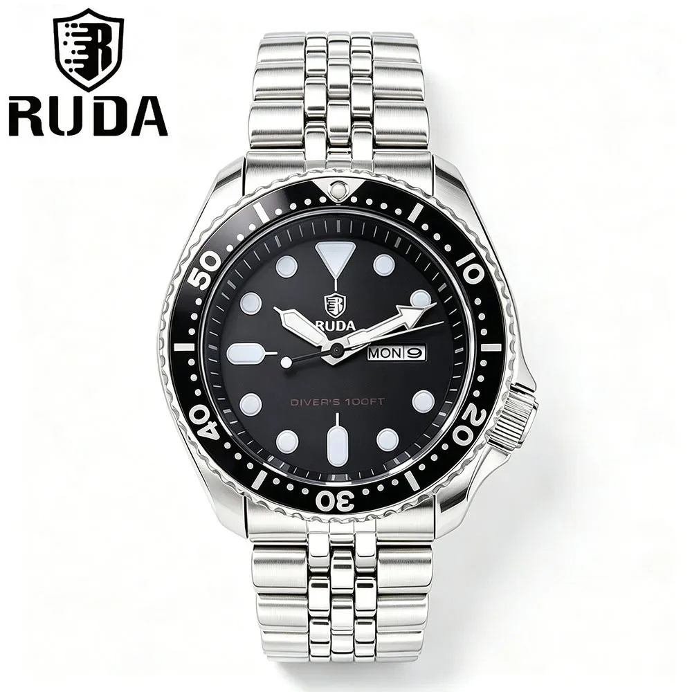 RUDA New 42MM Men's Diving Watch VH31 Sweep Second Movement Waterproof Luminous Stainless Steel Business Fashion Watch